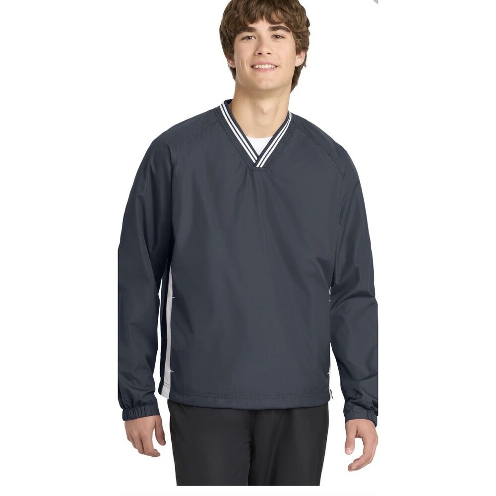 Joe's USA Sport-Tek JST62 Tipped V-Neck Raglan Wind Shirt/Jacket Gray/White 4XL